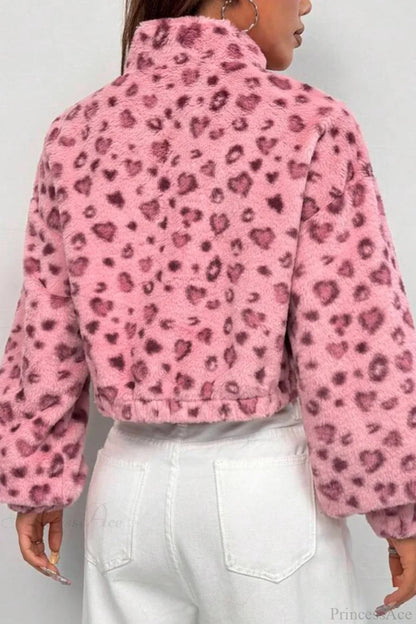 Stand Collar Half-Zip Leopard Print Cropped Fuzzy Coat