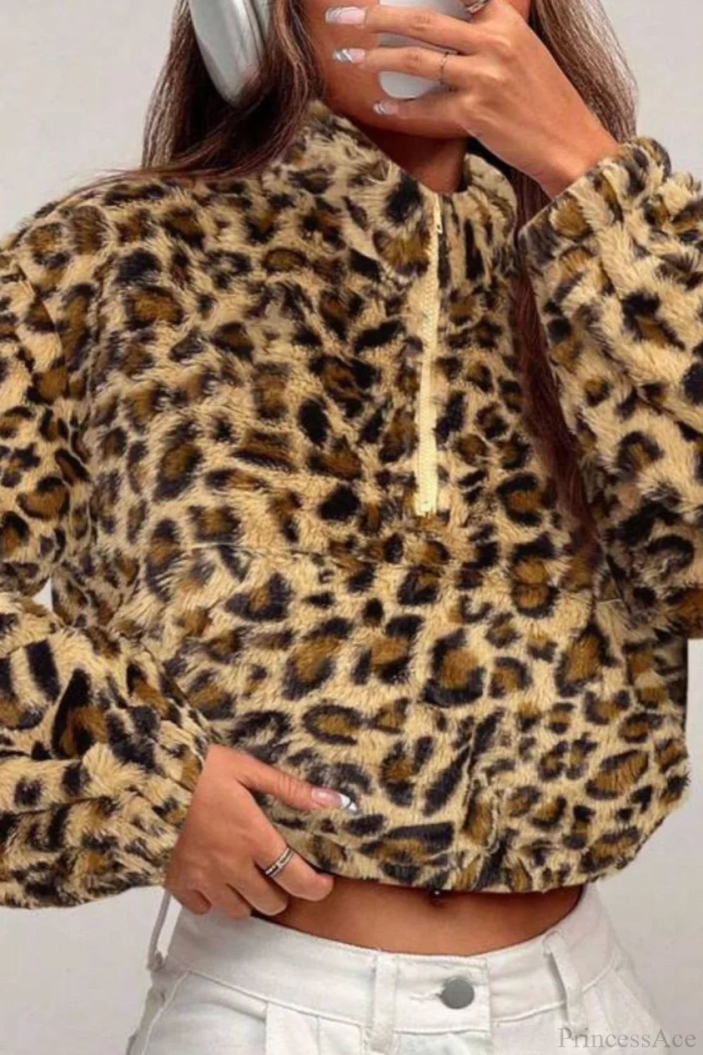 Stand Collar Half-Zip Leopard Print Cropped Fuzzy Coat