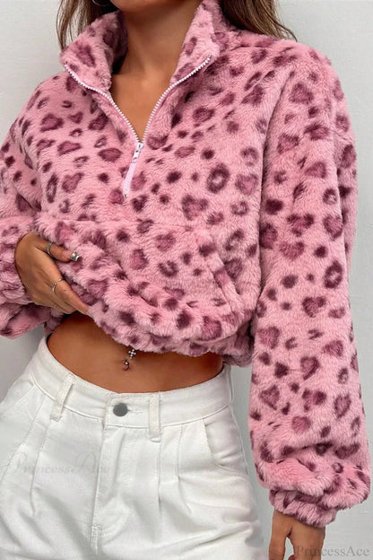 Stand Collar Half-Zip Leopard Print Cropped Fuzzy Coat