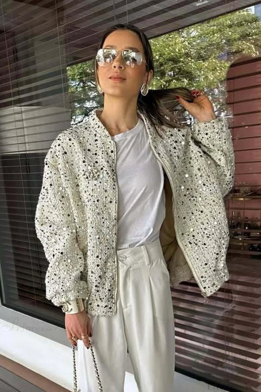 Stand Collar Sequin Long Sleeve Jacket