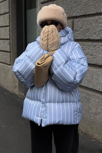 Stand Collar Striped Hooded Warm Quilted Coat