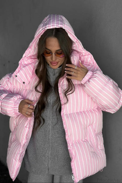 Stand Collar Striped Hooded Warm Quilted Coat