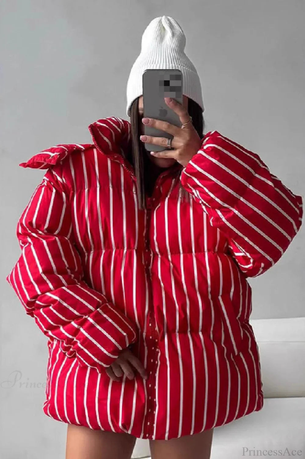 Stand Collar Striped Hooded Warm Quilted Coat