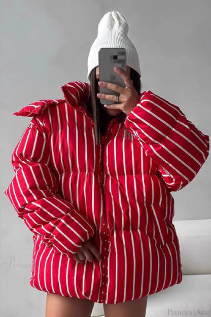 Stand Collar Striped Hooded Warm Quilted Coat