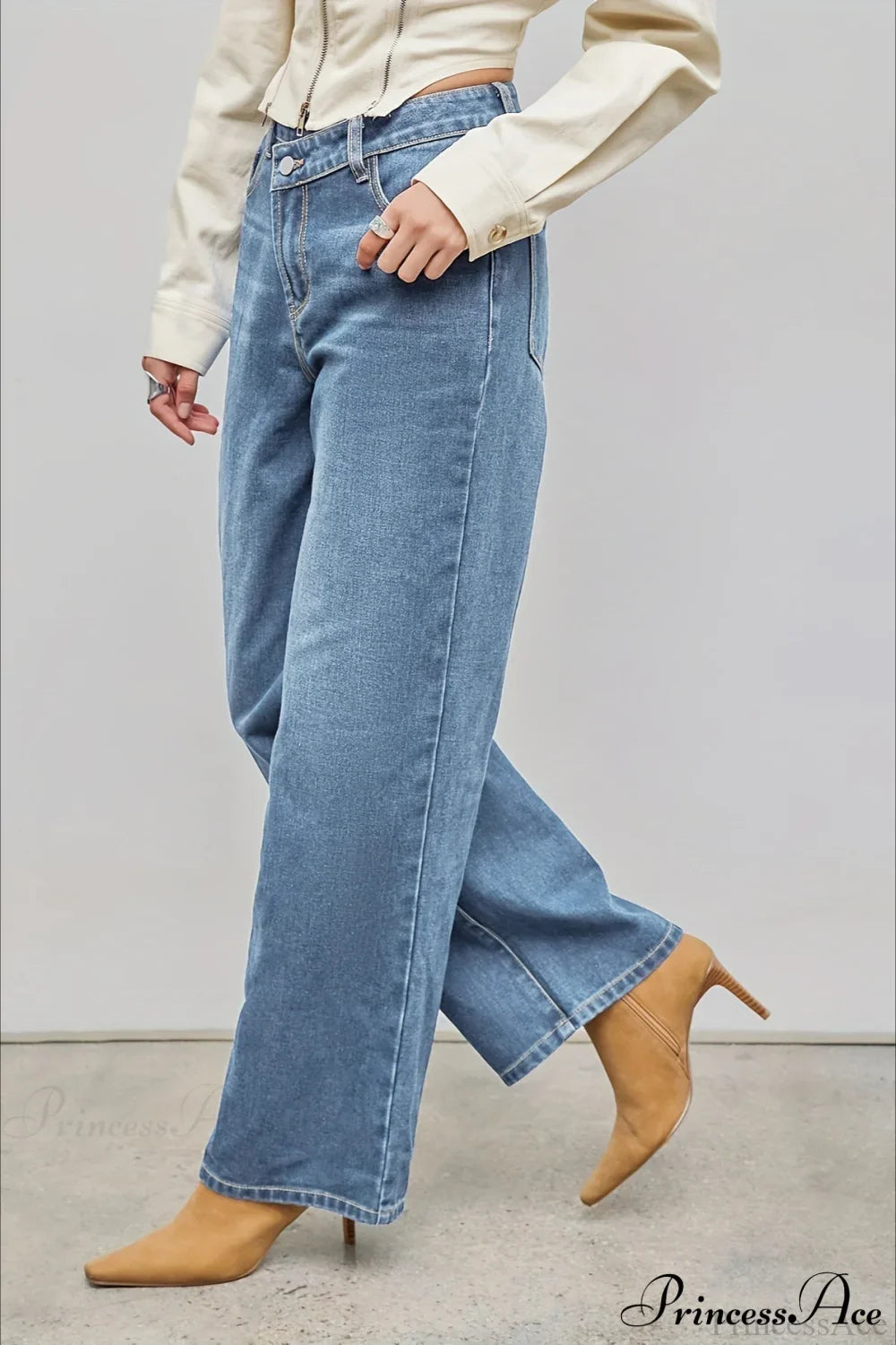 Straight Relaxed Asymmetrical Button Jeans