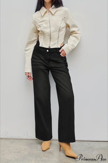 Straight Relaxed Asymmetrical Button Jeans
