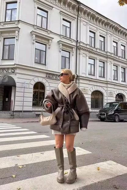 Street Style Color Block Tie Waist Faux Leather Coat