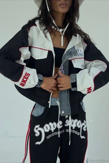 Street Style Denim Paneled Slim Fit Jacket Pants Two Piece Set