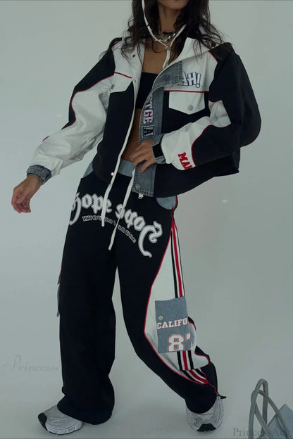 Street Style Denim Paneled Slim Fit Jacket Pants Two Piece Set