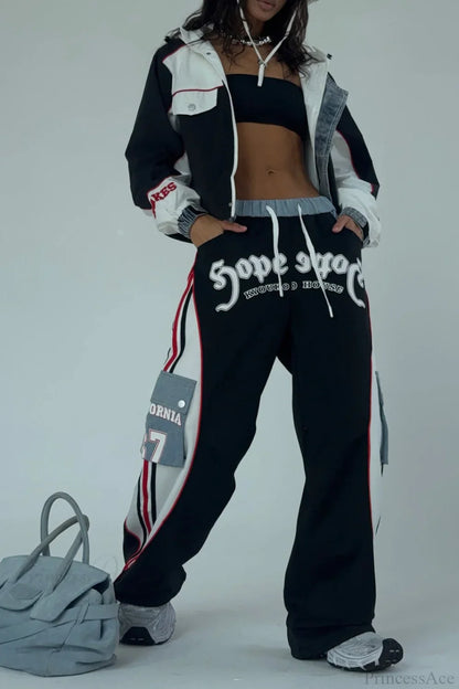 Street Style Denim Paneled Slim Fit Jacket Pants Two Piece Set