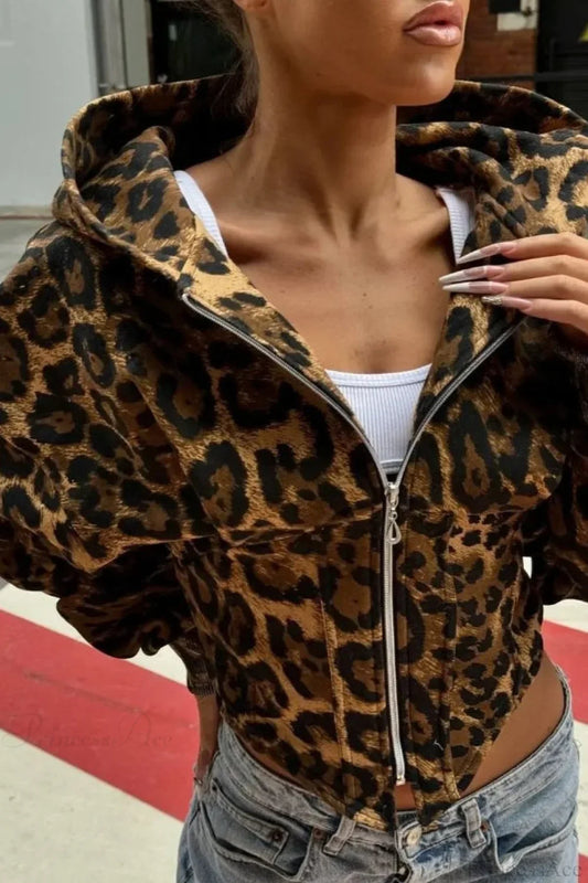 Street Style Leopard Print Hoodie Coat