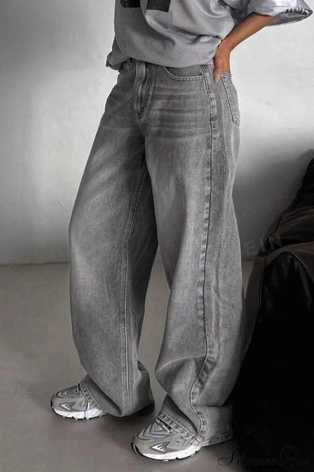 Street Vintage Smoky Gray Washed Wide Leg Jeans