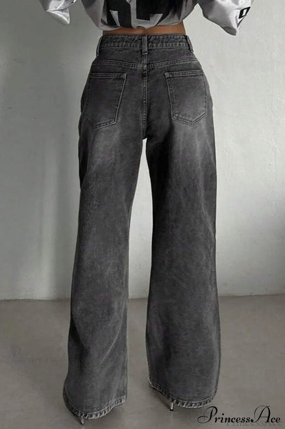 Street Vintage Smoky Gray Washed Wide Leg Jeans