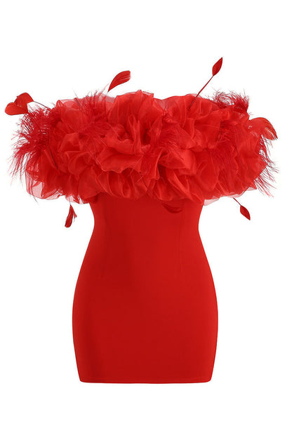 Feather Trim Off-Shoulder Ruffle Bodice Bodycon Mini Dress
