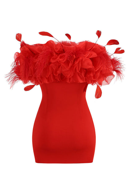 Feather Trim Off-Shoulder Ruffle Bodice Bodycon Mini Dress