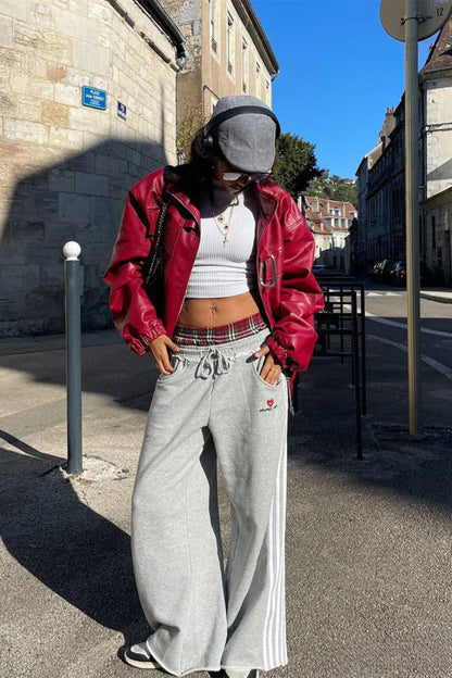 Stripe Plaid Panel Double Waist Wide Leg Pants