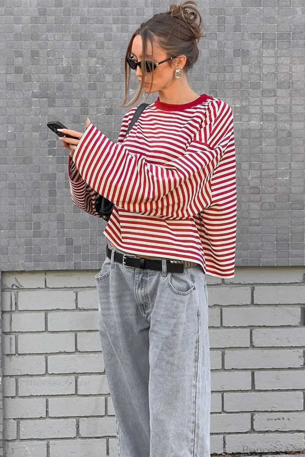 Striped Color Block Crew Neck Loose Long Sleeve Tee