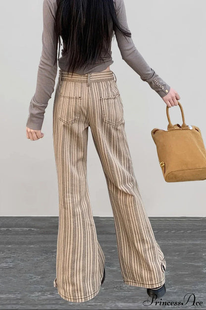 Striped Khaki Low Waist Slim Flared Jeans