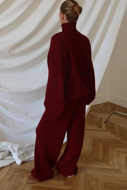 Striped Knit Elegant Sweater Wide-Leg Pants Two Piece Set