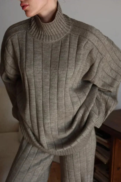 Striped Knit Elegant Sweater Wide-Leg Pants Two Piece Set