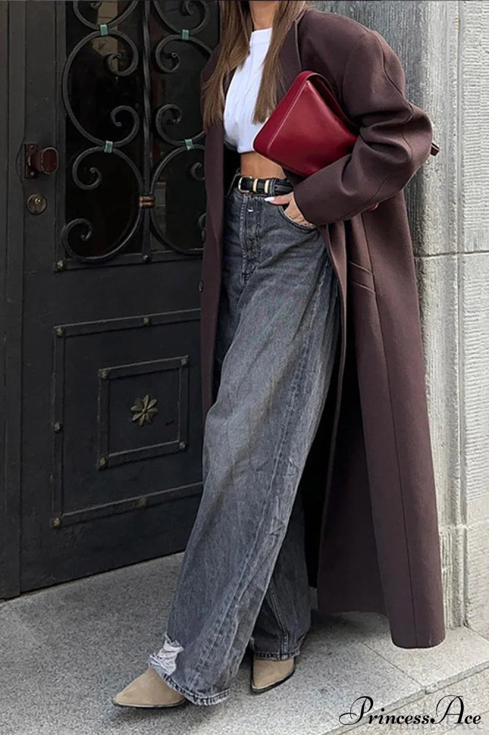 Striped Long Collared Elegant Trench Overcoat