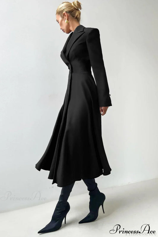 Structured Shoulder Solid Blazer Elegant Maxi Dress