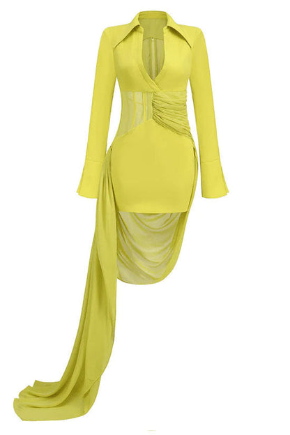 Oversized Collar Deep V Mesh Corset Long Sleeve Side Train Bodycon Mini Dress