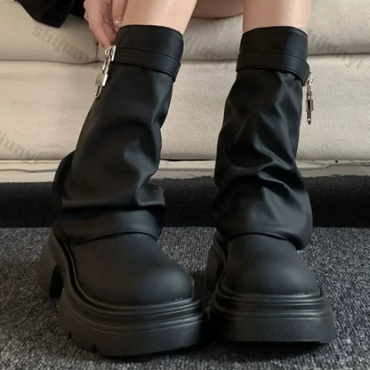 Stylish Clasp Dark Combat Elevated Rebel Boot