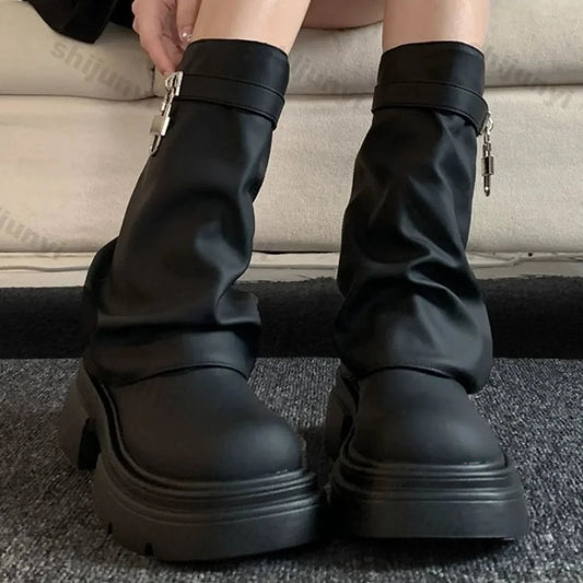 Stylish Clasp Dark Combat Elevated Rebel Boot