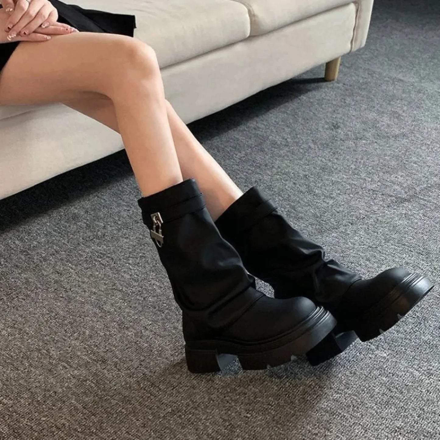 Stylish Clasp Dark Combat Elevated Rebel Boot