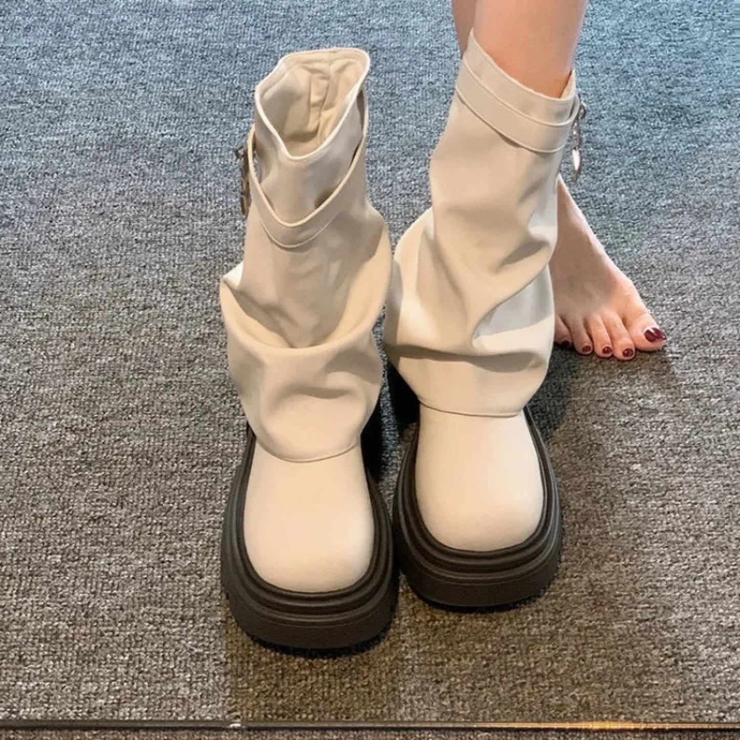 Stylish Clasp Dark Combat Elevated Rebel Boot