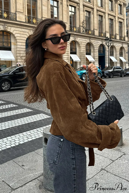 Suede Belted Blazer Collar Elegant Coat