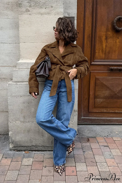 Suede Belted Blazer Collar Elegant Coat