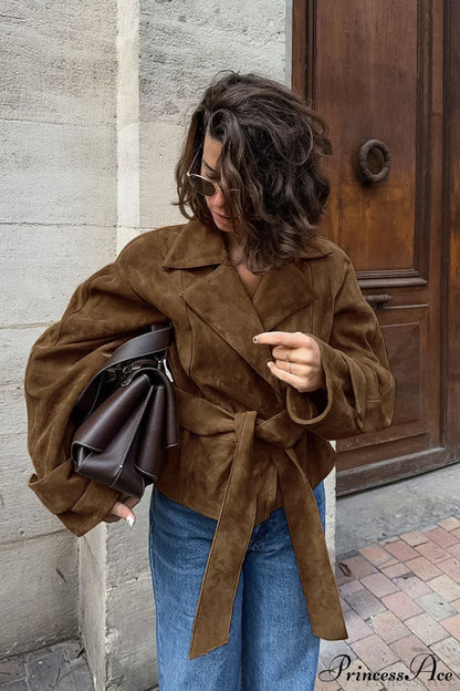 Suede Belted Blazer Collar Elegant Coat