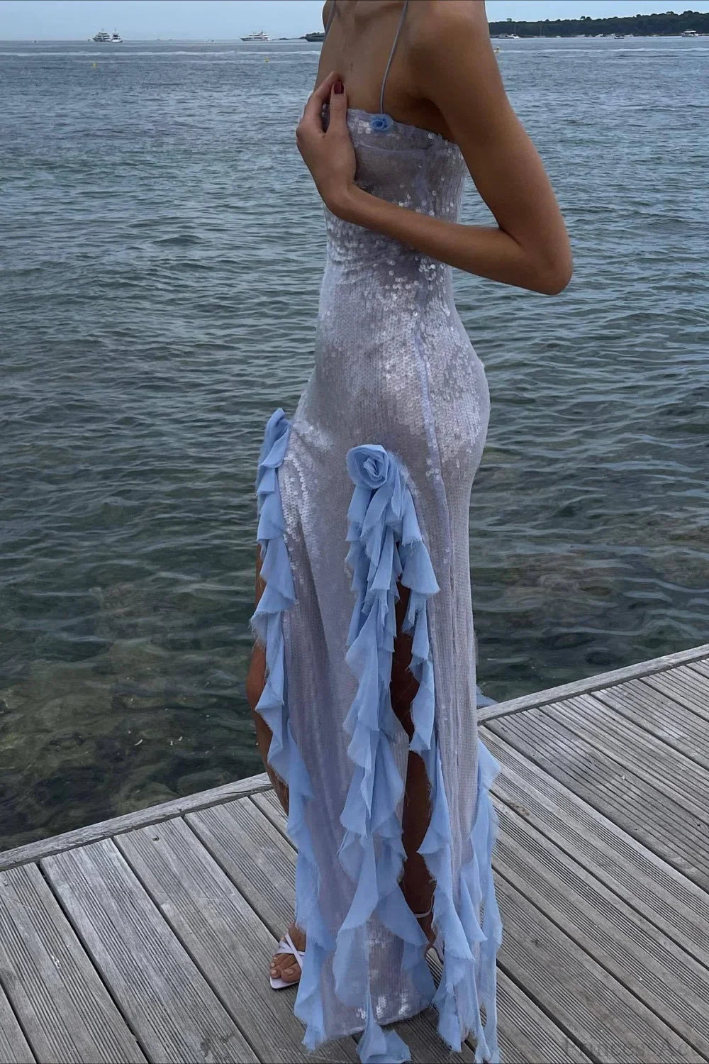 Sultry Sequined Ruffled 3D Floral Evening Dress