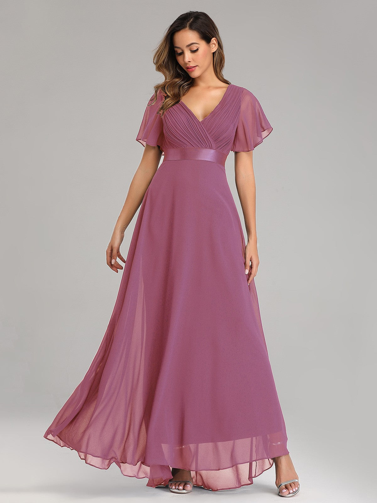 Big Swing V Neck Flared Sleeve Chiffon Party Bridesmaid Evening Dress