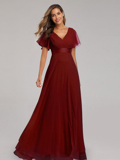 Big Swing V Neck Flared Sleeve Chiffon Party Bridesmaid Evening Dress