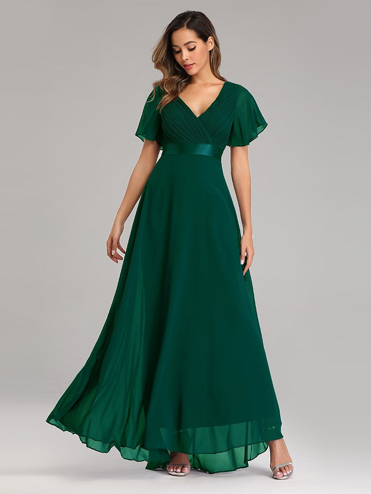 Big Swing V Neck Flared Sleeve Chiffon Party Bridesmaid Evening Dress