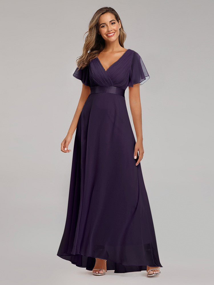 Big Swing V Neck Flared Sleeve Chiffon Party Bridesmaid Evening Dress