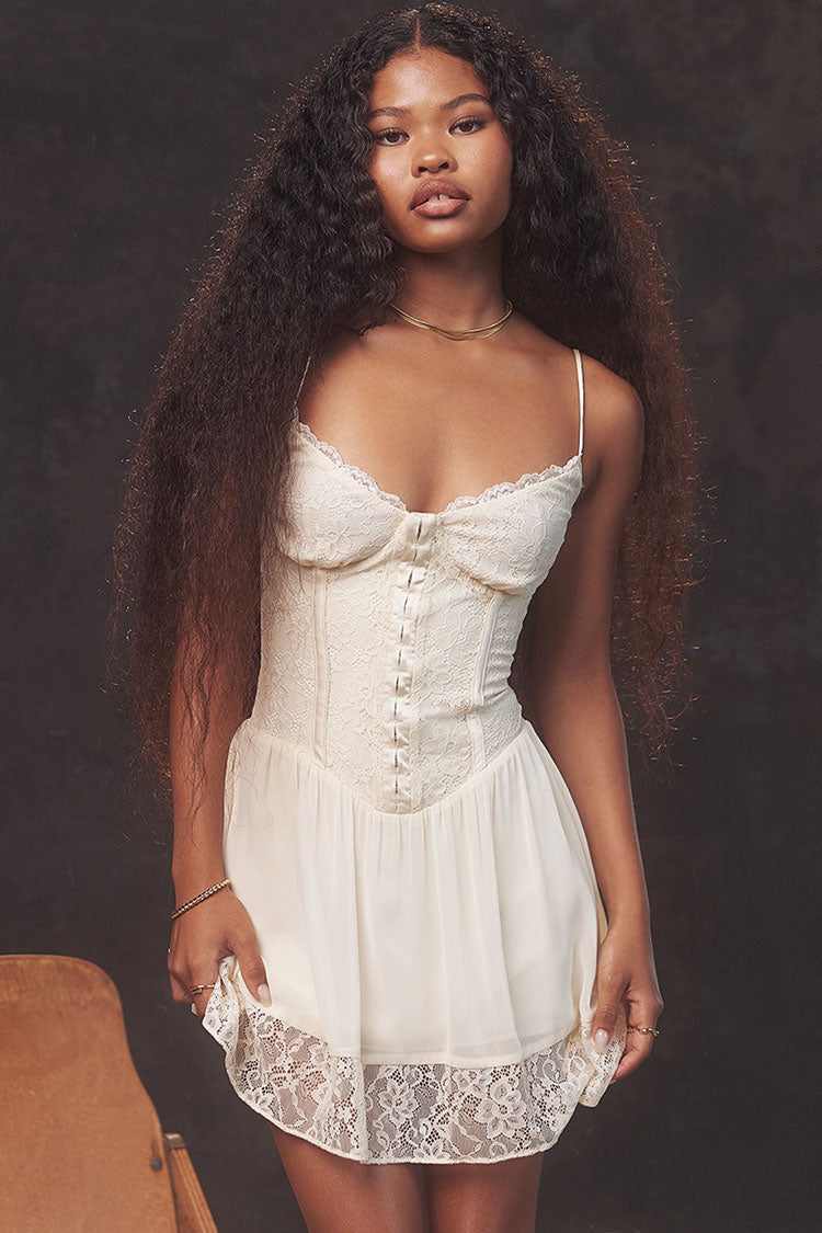Lace Corset Sweetheart Neck Spaghetti Strap Drop Waist Lace Trim Mini Dress