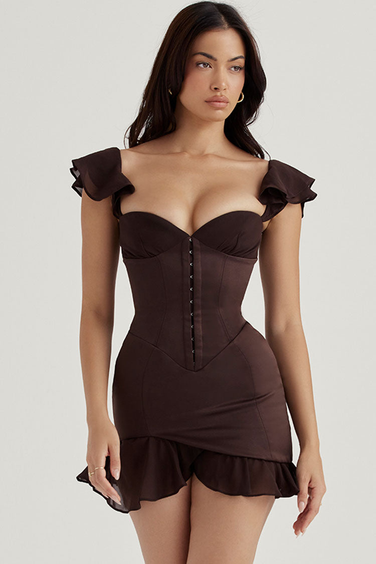 Corset Bustier Hook-and-Eye Chiffon Ruffle Strap Satin Slip Mini Dress