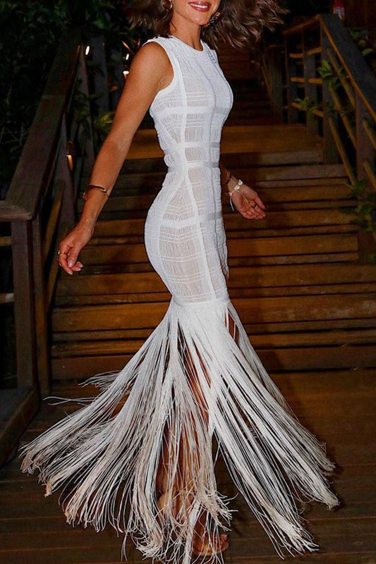 Round Neck Knit Mesh Panel Sleeveless Fringe Hem Bandage Maxi Dress