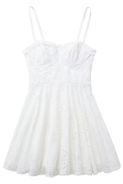 Sweetheart Spaghetti Strap Eyelet Lace Pom-Pom Trim Fit and Flare Mini Dress