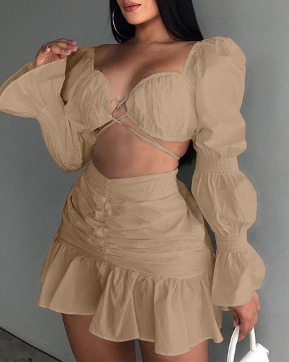 Balloon Sleeve Pleated Skirt Set