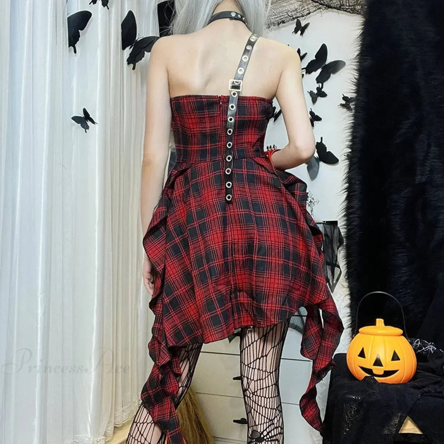Plaid Strapless Tiered Ruffle Grommet Harness Bodycon Mini Dress