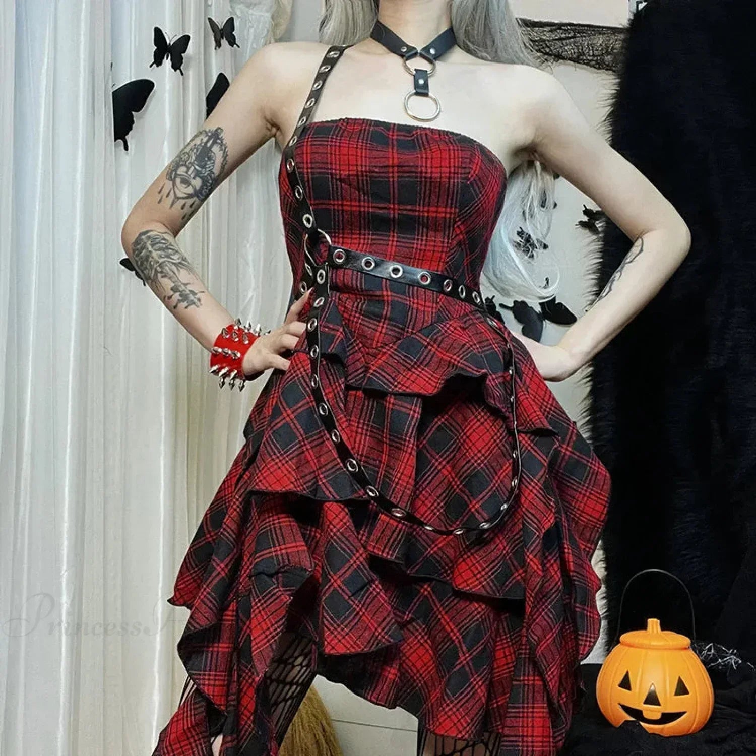 Plaid Strapless Tiered Ruffle Grommet Harness Bodycon Mini Dress