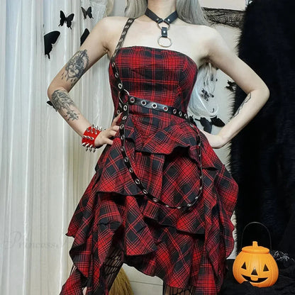 Plaid Strapless Tiered Ruffle Grommet Harness Bodycon Mini Dress