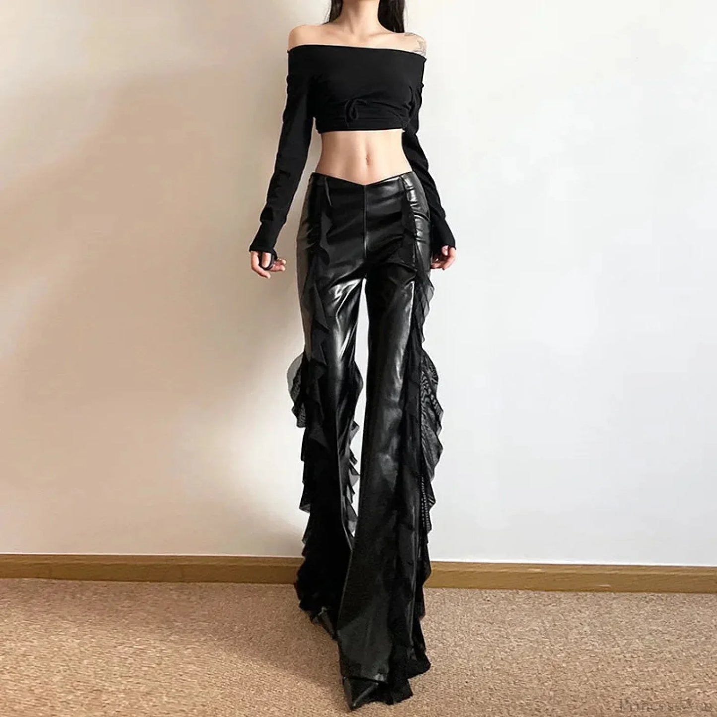 Tall Waist Gothic False PU Mesh Pant