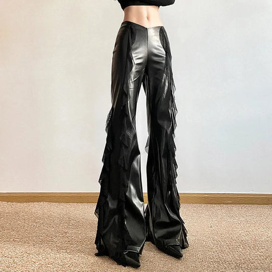 Tall Waist Gothic False PU Mesh Pant