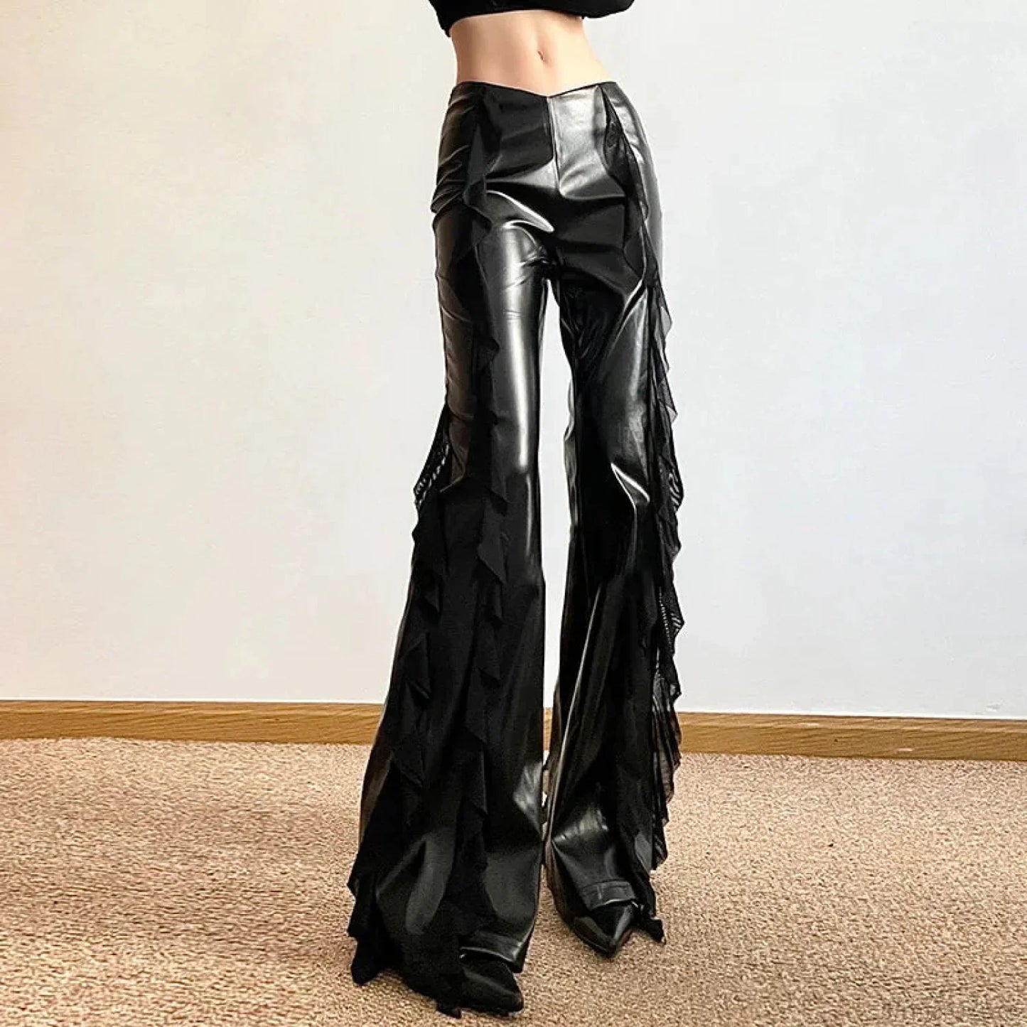 Tall Waist Gothic False PU Mesh Pant